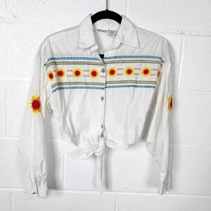 Vintage Embroidered Western Crop Top Size Small Sunburst‎ White Tie Front